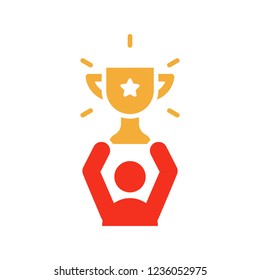 Character male holding trophy. Vector trendy flat glyph icon illustration design. Winning, success, achievement. Business, sports, personal achievements.