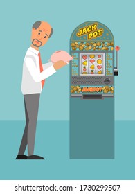 Character male lose all money gambling game, man lost cash slot machine flat vector illustration. Person break piggy bank, gambling addiction unfortunate guy looking finance recoup.