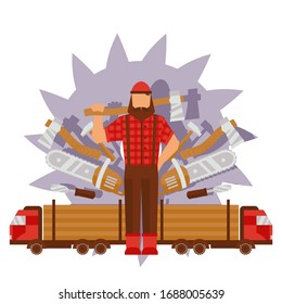 Character male lumberjack in red hat, axe, truck with trailer, pine, forest logs, saw, hammer, wood instrument, tool, isolated on white, flat vector illustration. Design forest work.