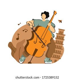 Character Or Male Playing Big Violin Vector Flat, Young People Play Musical Instruments. Character Concept For Landing Page, Brochure, Magazine, Or Poster Design, Symphonic Performance And Group Band