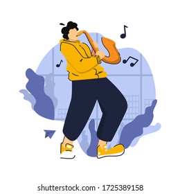 Character or male playing trumpet vector flat, young people play musical instruments. Character concept for landing page, brochure, magazine, or poster design, symphonic performance and group band.