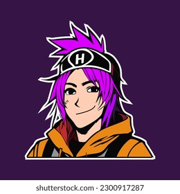 character male with purple hair and bandana H word in middle