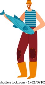 Character male standing pose, man hold fresh big fish, fisherman wear yellow boots and old clothes isolated on white, flat vector illustration. Concept fisher catch sea ocean minnow.