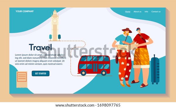 Character male\
travel around world, flat vector illustration. Creating route, map\
for trip. Contact us, info, about us, home, more button. Design for\
website, your company name\
place.