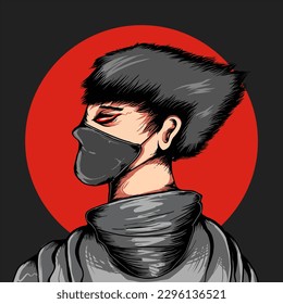 character male wearing black mask side view