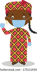 Character from Mali or Central Africa dressed in the traditional way and with surgical mask and latex gloves as protection against a health emergency