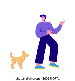 Character man is afraid of a dog. Cartoon man runs away from a dog. Dog fear or phobia.