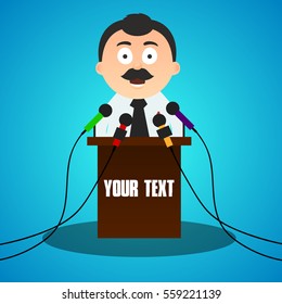 character. the man behind the podium microphones. vector illustration