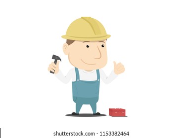 The character of a man with big head and short body wearing a construction worker outfit.