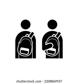 Character man carrying backpack on front icon set. Caution museum pictogram. Keep your bag on front symbol.
