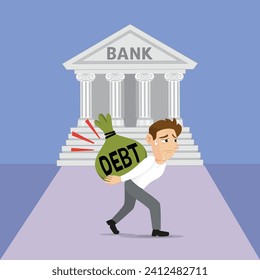 Character man carrying debt sack to the bank debt on loan. Man under debt from the bank concept. illustration vector cartoon.