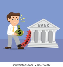 Character man chained to the bank debt on loan holding money sack. Man under debt from the bank concept. illustration vector cartoon.