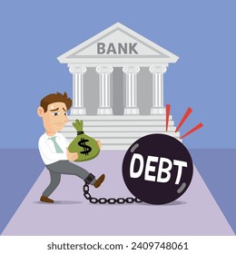 Character man chained debt ball to the bank debt on loan holding money sack. Man under debt from the 
bank concept. illustration vector cartoon.