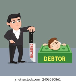 Character man with debt loan pressure. Man place the neck on a cutting board with a knife ready to cut the neck. Debt concept.illustration vector cartoon.