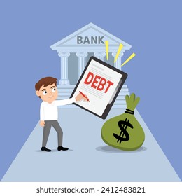 Character man debt sign on white paper to the bank debt on loan. Man under debt from the bank concept. illustration vector cartoon.