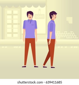 Character man design set and urban background tone color yellow. Vector, illustration, Flat Character cartoon style. front view, Side view. Simple design.