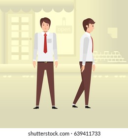 Character man design set and urban background tone color yellow. Vector, illustration, Flat Character cartoon style. front view, Side view. Simple design.