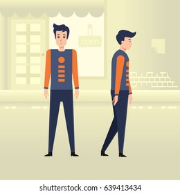 Character man design set and urban background tone color yellow. Vector, illustration, Flat Character cartoon style. front view, Side view. Simple design.