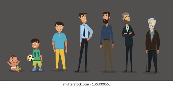Character of a man in different ages.. Baby, child, teenager, young, adult, old people.V ector illustration in cartoon style