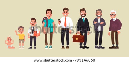 Character of a man in different ages. A baby, a child, a teenager, an adult, an elderly person. The life cycle. Generation of people and stages of growing up. Vector illustration in cartoon style