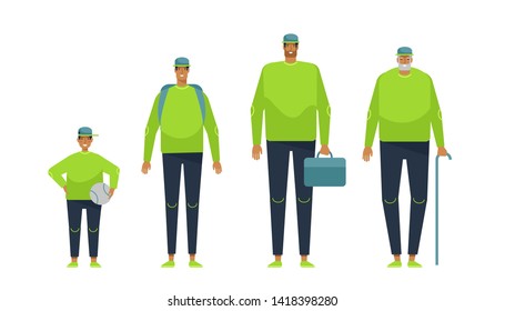 Character of a man in different ages. A child, a teenager, an adult, an elderly person. Generation of people and stages of growing up. The life cycle. Set of vector illustration in flat design 