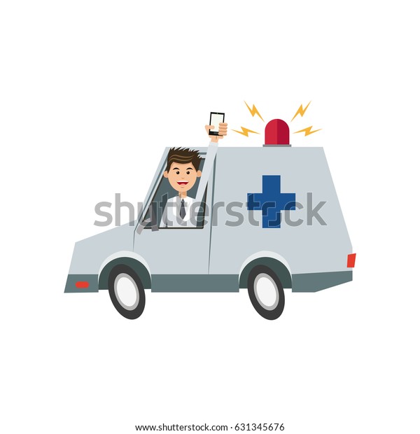 character man drive\
ambulance and\
smartphone