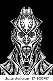 Character, man with an earring, alien, extraterrestrial organism, humanoid, with pointed ears, forked chin, big lips, headdress and neck, in rough clothing with sharp collar, folds, all in patterns.