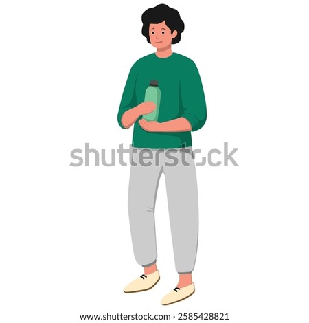 Character Man with Exercise suit Holding Drink Bottle for Sport, Recreation, Healthcare, and Happy Lifestyle