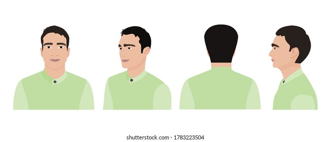 Character man face front, back and side views, realistic 2D Character turnaround 