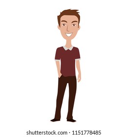 The character of a man in the front view with brown hair. He's wearing a dark red shirt and dark brown pants.