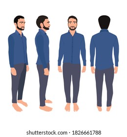 Character Man Full Front, Back And Side Views, Realistic 2D Character