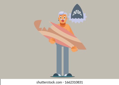 A character of a man gets shock cause of broken surfing, Sadly a summertime theme. Simple character vector illustration, this illustration can use as a sticker also.