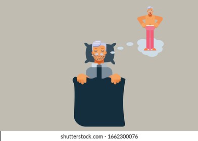 A character of a man gets sick and dreaming about summer, Sadly a summertime theme. Simple character vector illustration, this illustration can use as a sticker also.