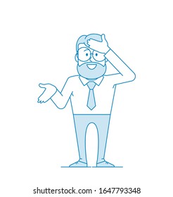 Character is a man in glasses and with a beard hits his forehead with his open hand. As I did not immediately guess, or how I could forget. Manager or office worker in a shirt with a tie.  Vector