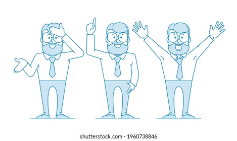 Character - a man in glasses and with a beard hits his forehead with his open hand. As I did not immediately guess, or how I could forget. Office worker in a tie. Illustration in line art. Vector