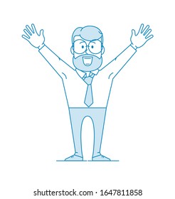 El personaje es un hombre con gafas y barba alegremente levantando sus manos. Un gesto de saludo o alegría, un trato exitoso. Trabajador de oficina en un pantalones con corbata. Ilustración en estilo de arte en línea. Vector