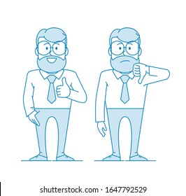 Character - a man with glasses and a beard. Like and dislike. For better or worse, approval and condemnation. Manager or office worker in a shirt with a tie. Illustration in line art style. Vector