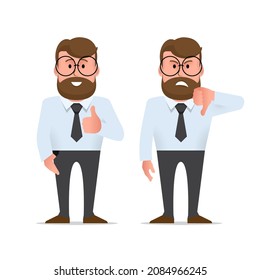 Character - a man with glasses and a beard. Like and dislike. For better or worse, approval and condemnation. Manager or office worker in a shirt with a tie. Illustration in flat style. Vector