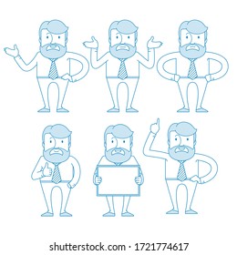 Carácter - un hombre con gafas y barba. Gerente o trabajador de oficina en un pantalones con corbata. Ilustración en estilo de arte en línea. Vector