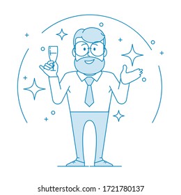 Character - a man in glasses holds a glass of wine in his hand. Says a toast, congratulates, welcomes. Office worker in a shirt with a tie. Illustration in line art style. Vector