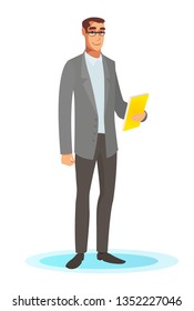 the character of a man in a gray suit with a folder in his hand is standing. smile on face