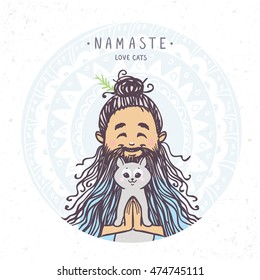 Character man in greeting pose namaste with cute cat. Vector illustration. Practicing Yoga