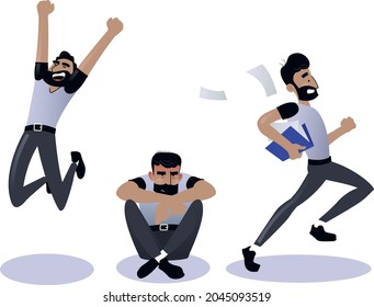 character man happy jumping sad and late vector illustration