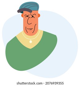 The Character Of A Man, Head And Torso, In A Classic Cap And With A Chain. Daring Look. Vector Illustration.
