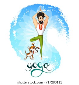 Character man and his dog practicing yoga together. Cartoon style pose.