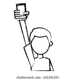 character man holding cellphone in hand sketch