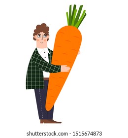 Character man holding a hypertrophied carrot. Agriculture Day. Isolated cartoon character. For gardening advertising. Banner or web design. Vegan Day.