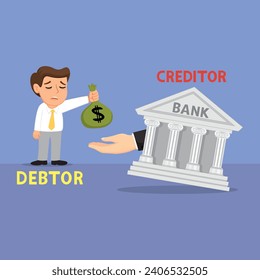 Character man holding money sack pays debt on loan to bank. Debt concept. illustration vector cartoon.