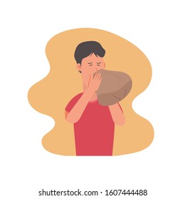 character of man holding paper bag for relieving from panic attack, hyperventilation syndrome isolated  on white background, cartoon flat vector illustration