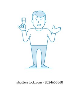Character - a man holds a glass of wine in his hand. Says a toast, congratulates, welcomes. Office worker in a shirt with a tie. Illustration in line art style. Vector